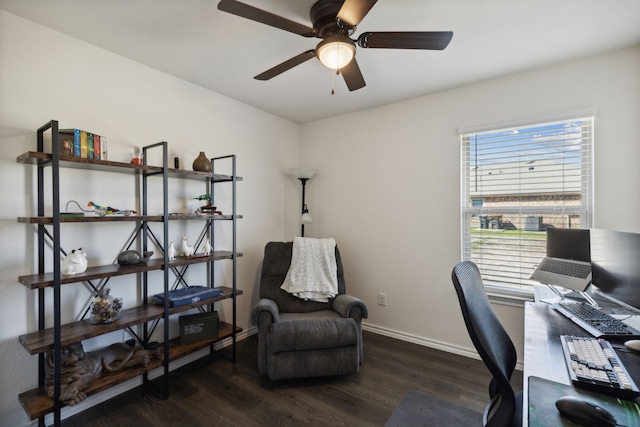 office area with dark hardwood / wood-style floors and ceiling fan