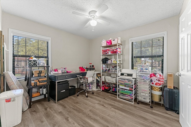 office space featuring hardwood / wood-style floors, ceiling fan, a healthy amount of sunlight, and a textured ceiling