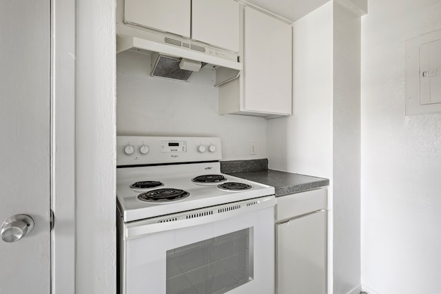 kitchen with white cabinets, electric panel, and white electric stove