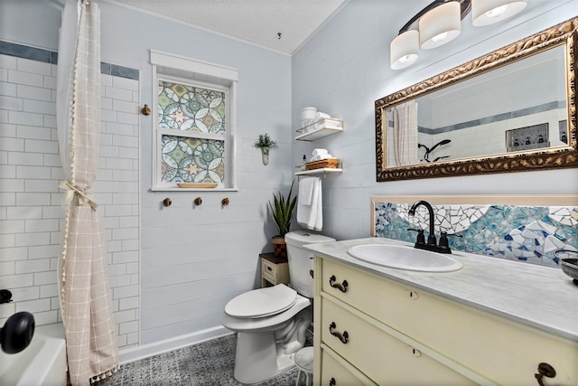 full bathroom with backsplash, a textured ceiling, toilet, shower / bath combo with shower curtain, and vanity