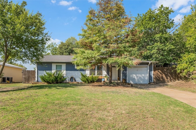 single story home with a garage and a front lawn