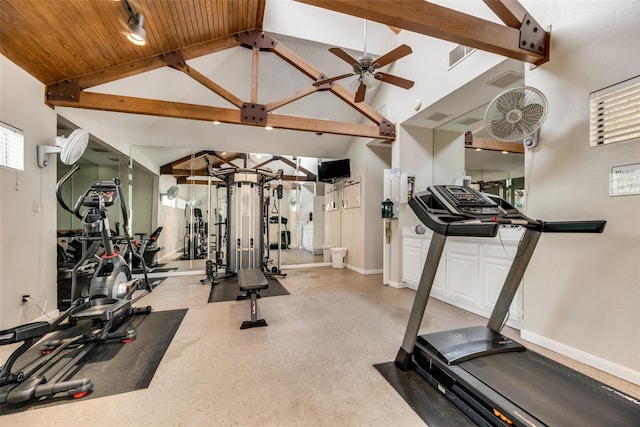 workout area featuring high vaulted ceiling, ceiling fan, and wooden ceiling