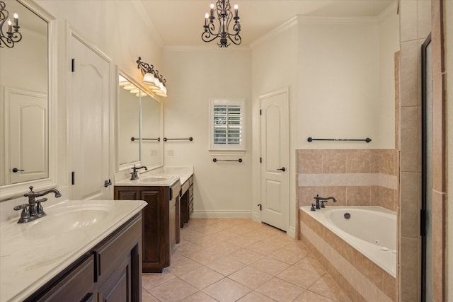 bathroom with a notable chandelier, crown molding, and a sink