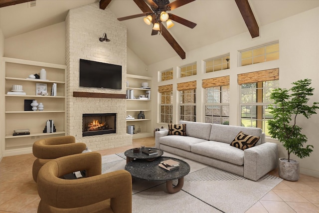 living area featuring high vaulted ceiling, tile patterned flooring, a brick fireplace, and built in features