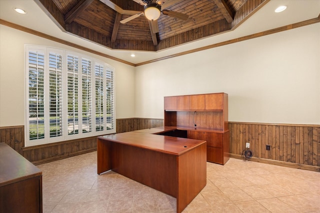 tiled home office featuring ceiling fan, crown molding, wood ceiling, and a tray ceiling