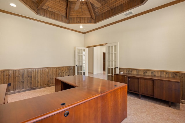 tiled office featuring lofted ceiling, wood ceiling, ceiling fan, ornamental molding, and french doors