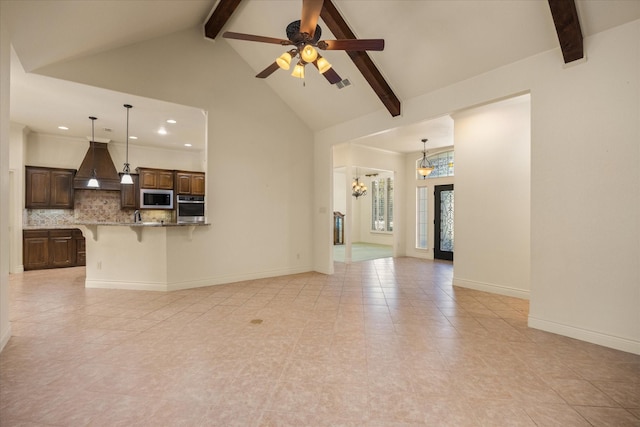 living area featuring visible vents, high vaulted ceiling, beamed ceiling, baseboards, and ceiling fan with notable chandelier