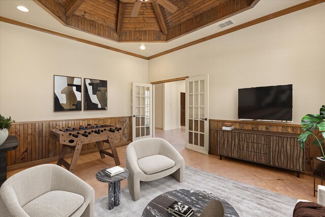 unfurnished living room with a brick fireplace and lofted ceiling with beams