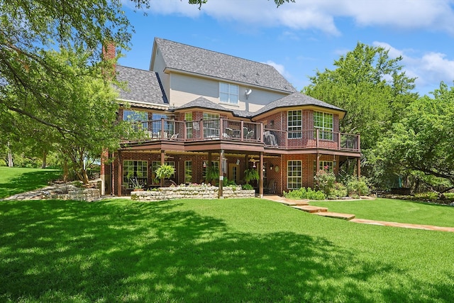 back of property featuring a yard and a wooden deck