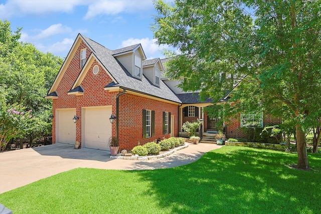 view of front of home with a front yard and a garage