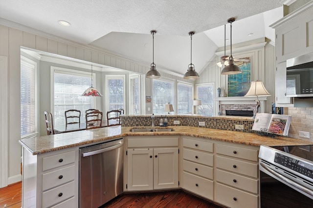 kitchen with pendant lighting, vaulted ceiling, sink, decorative backsplash, and appliances with stainless steel finishes