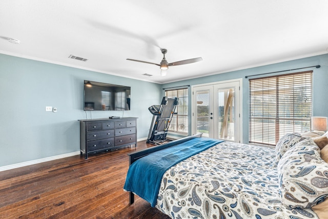 bedroom featuring ceiling fan, crown molding, dark hardwood / wood-style floors, access to outside, and french doors