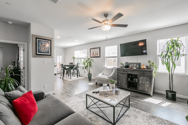 living room featuring ceiling fan and hardwood / wood-style flooring