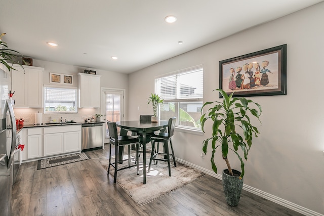 kitchen featuring white cabinets, backsplash, dark hardwood / wood-style floors, and stainless steel dishwasher