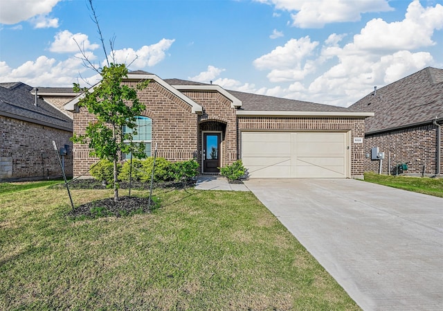 view of front of home with a front yard and a garage