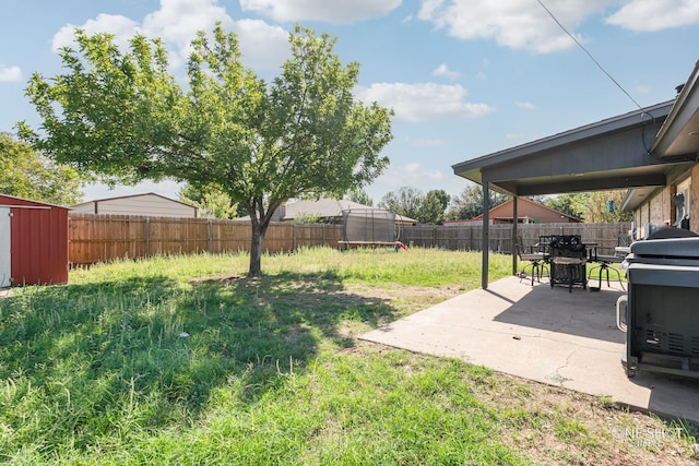 view of yard featuring a fenced backyard, a patio area, and a trampoline