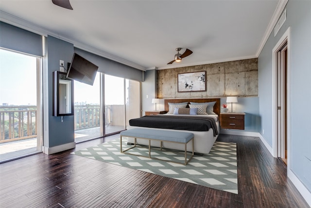 bedroom with dark wood-type flooring, ceiling fan, ornamental molding, and access to exterior