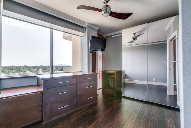 interior space with a closet, ornamental molding, dark wood-type flooring, and ceiling fan