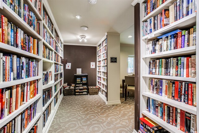 living area featuring ornamental molding