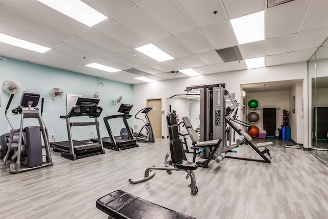 gym with a paneled ceiling and light wood-type flooring