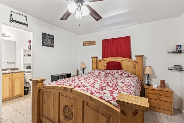 bedroom with ceiling fan and ensuite bathroom