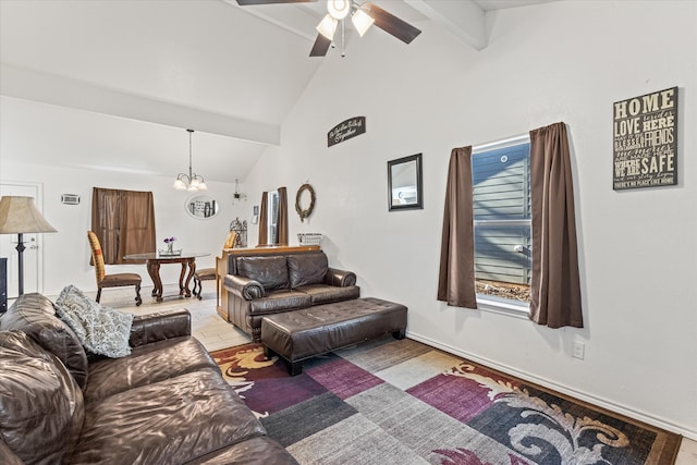 living room with hardwood / wood-style floors, ceiling fan with notable chandelier, beam ceiling, and high vaulted ceiling