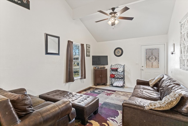 living room with beam ceiling, ceiling fan, and high vaulted ceiling