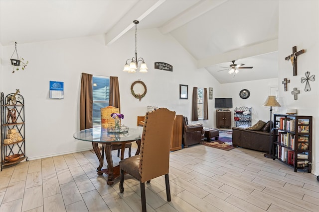 dining space featuring beamed ceiling, ceiling fan with notable chandelier, high vaulted ceiling, and light hardwood / wood-style flooring