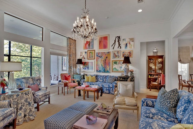 living room featuring crown molding, a wealth of natural light, and an inviting chandelier