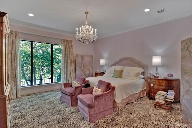 bedroom with ornamental molding, light carpet, multiple windows, and a chandelier