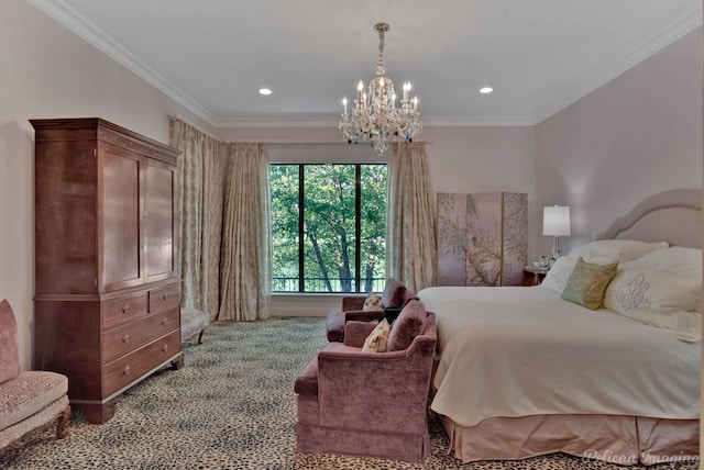 bedroom featuring crown molding, light colored carpet, and a chandelier