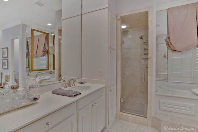 bathroom featuring crown molding, vanity, and plus walk in shower