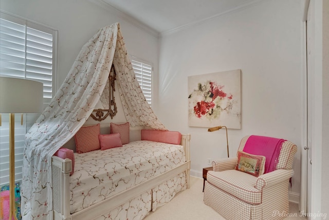 carpeted bedroom with crown molding