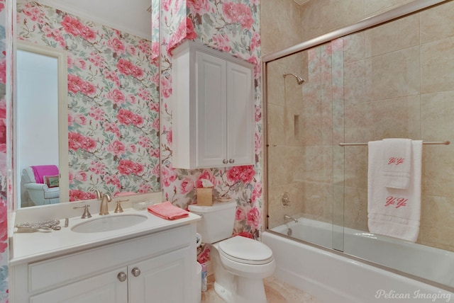 full bathroom with enclosed tub / shower combo, ornamental molding, vanity, and toilet