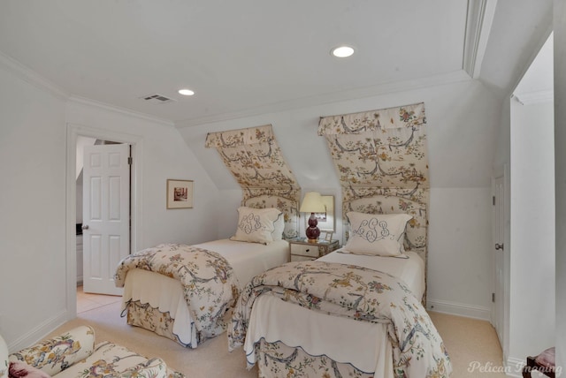 carpeted bedroom featuring lofted ceiling and crown molding