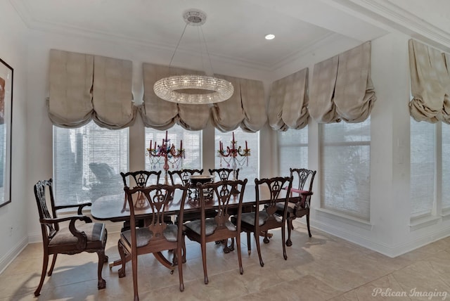 tiled dining area with a notable chandelier and crown molding