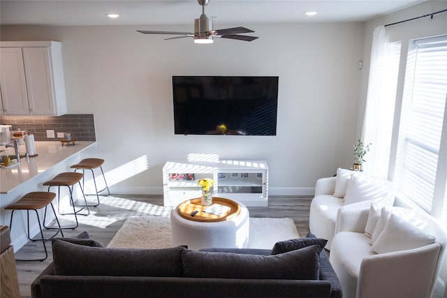 living room featuring hardwood / wood-style flooring and ceiling fan