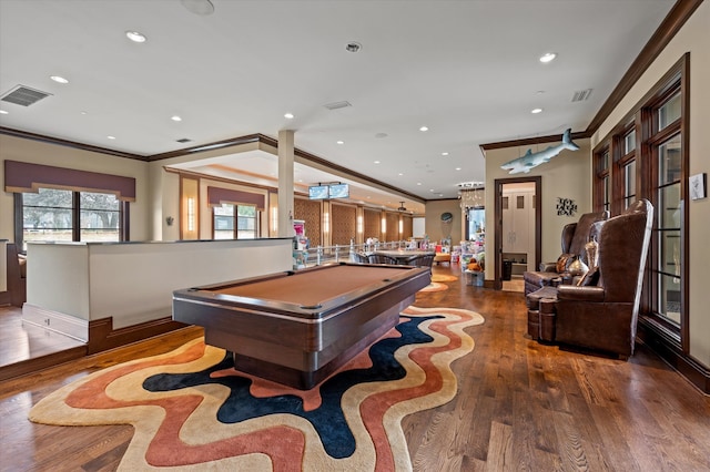 game room with hardwood / wood-style flooring, crown molding, and billiards