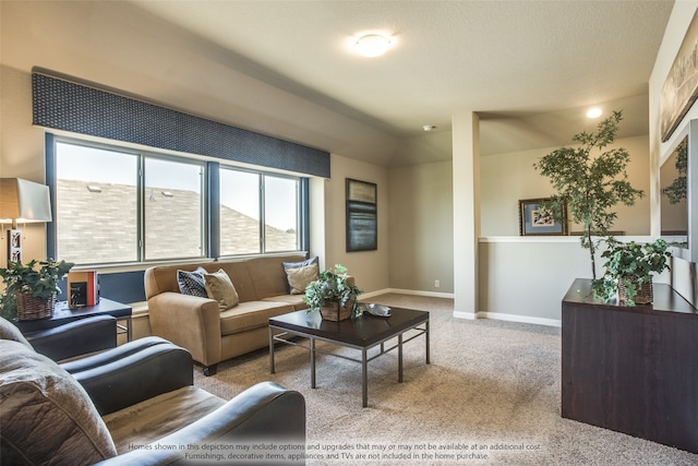 living room with a textured ceiling and light carpet