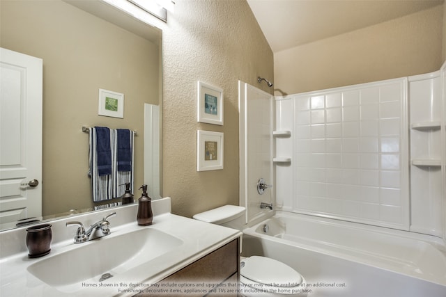 full bathroom with shower / bathing tub combination, vanity, and toilet