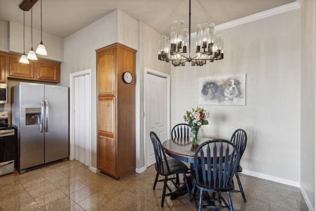 dining space with an inviting chandelier and ornamental molding