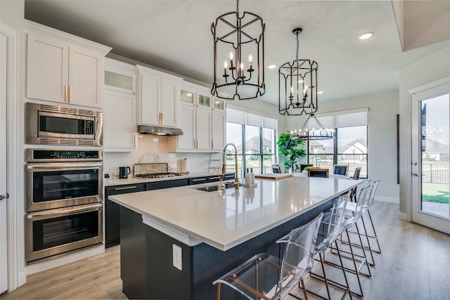 kitchen featuring an island with sink, plenty of natural light, sink, and white cabinetry