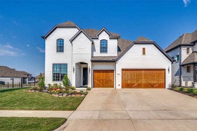 french country inspired facade with a front lawn and a garage