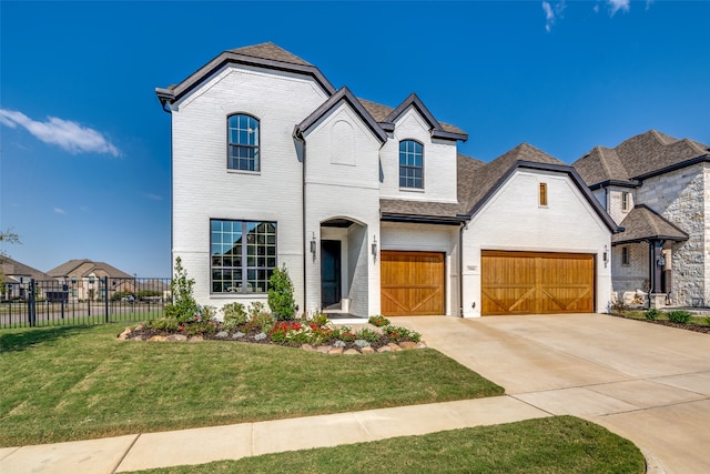 french country inspired facade featuring a garage and a front yard