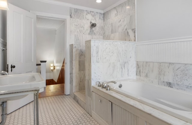 bathroom with crown molding, tile patterned floors, and independent shower and bath