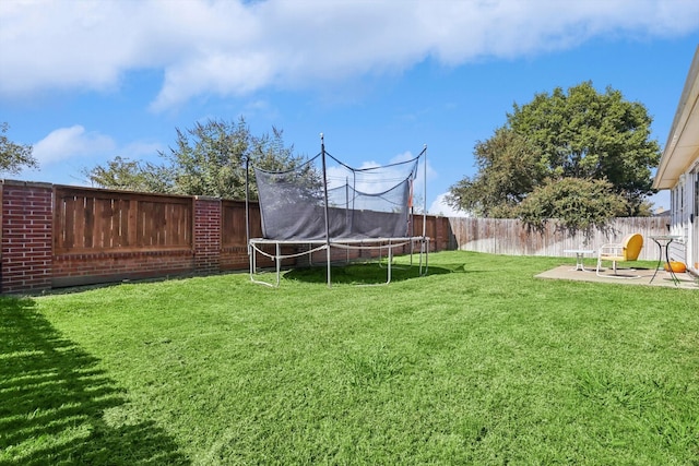 view of yard featuring a trampoline and a patio area