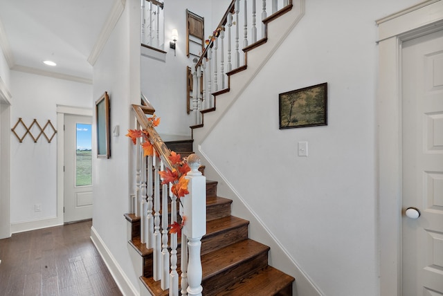 stairs featuring ornamental molding and hardwood / wood-style floors