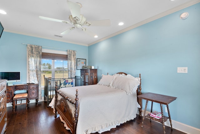 bedroom featuring crown molding, ceiling fan, and dark hardwood / wood-style flooring