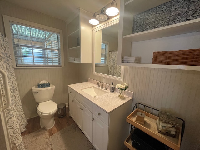 bathroom with vanity, hardwood / wood-style floors, and toilet