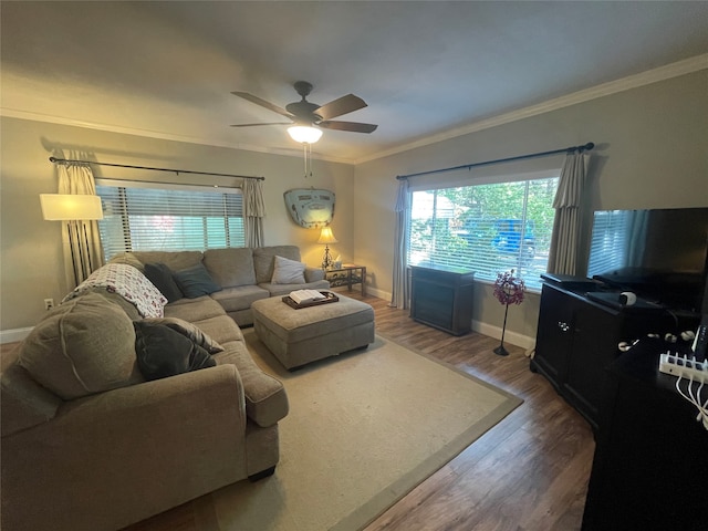 living room with crown molding, hardwood / wood-style flooring, and ceiling fan